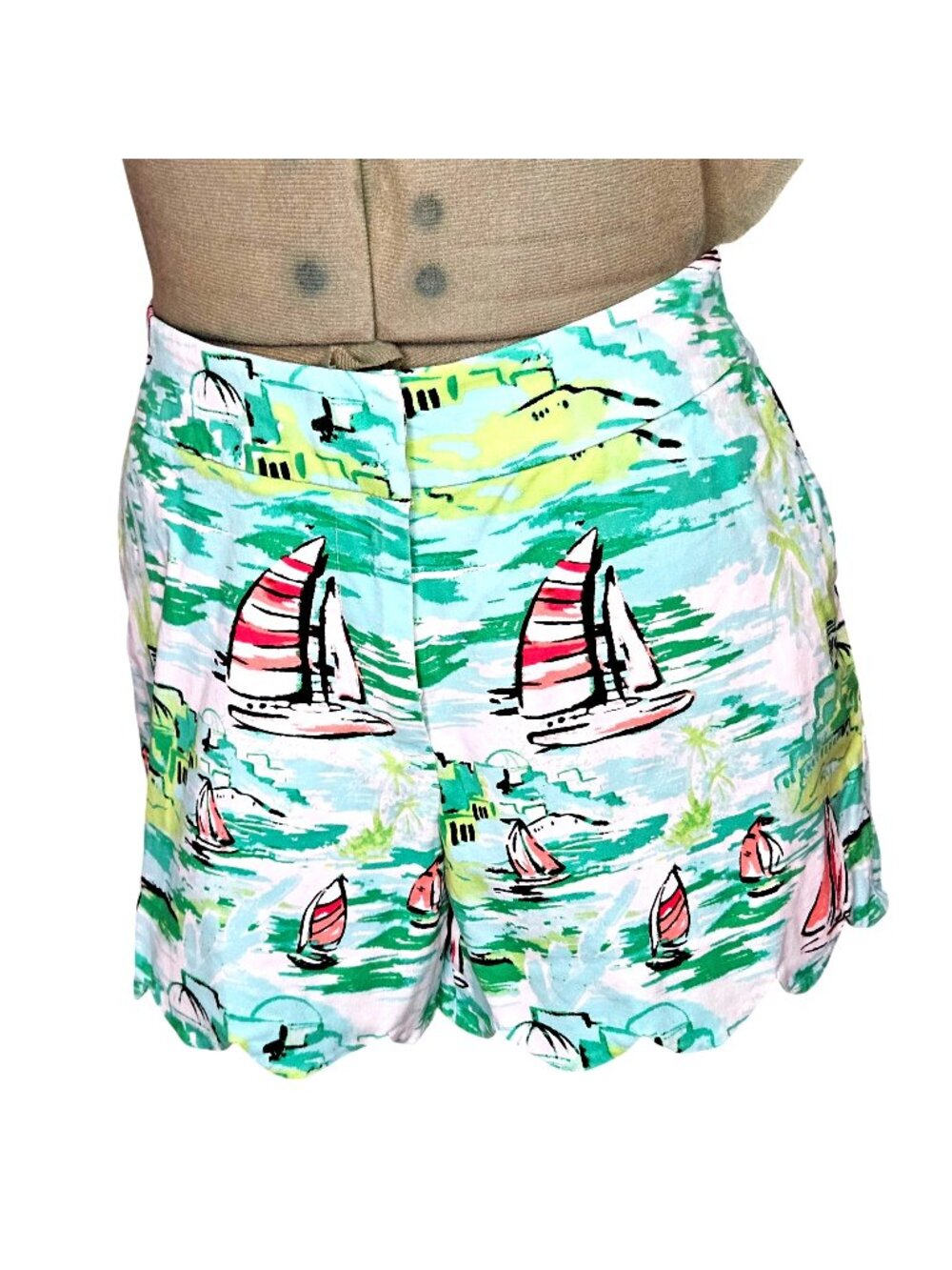 Woman's Crown&Ivy teal/yellow sailboat boho scalloped hem zip up chino shorts 8
